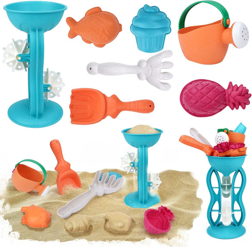 deAO Kids Beach Sand Toys Set Wheat Straw Material Sand Water Wheel Beach Molds Beach Shovel Rake & Watering Can Tool Kit Snow Toys Travel Outdoor...