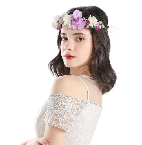 Vivivalue Floral Crown Headband Flower Headpiece Hair Wreath Floral Halo Boho with Ribbon Wedding Party Photos Prom Lavander...