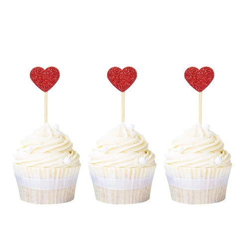Ercadio Glitter Heart Cupcake Toppers Picks for Sweet Love Theme Wedding Engagement Bridal Shower Party Cake Decors 40 Pack Red...