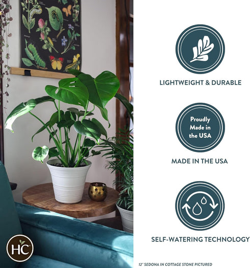 The HC Companies 7 Inch Sedona Round Self Watering Planter - Small Decorative Lightweight Plastic Plant Pot for Indoor Outdoor Plants Flowers Herb...