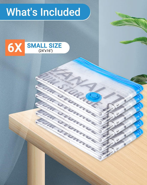 6 Pack Small Vacuum Storage Bags (24"x16"), Reusable Vacuum Sealer Compression Space Saver Bag for Clothes, Mattress, Blanket, Duvets, Pillows, Co...