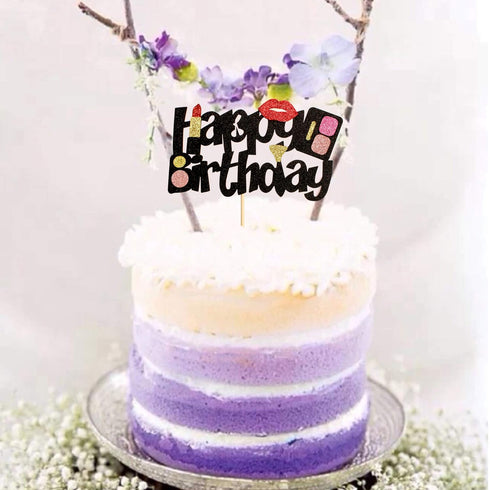 Ercadio 1 Pack Glitter Makeup Cake Topper Happy Birthday Cake Pick Bridal Shower Women Cosmetics Theme Bachelorette Party Decorations Supplies...