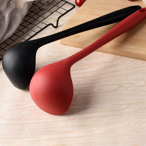 Silicone Ladle Soup Spoon Set of 2, Nonstick Heat Resistant Long Handle Unbreakable Big Round Scoop for Home Kitchen Cooking,Red and Black...