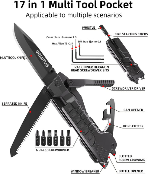 Multitool Knife 17 in 1Fire Starting Sticks, Bottle Opener, Saw Screwdrivers Bottle Opener, Whistle, Window Breaker and More -Perfect for Camping,...