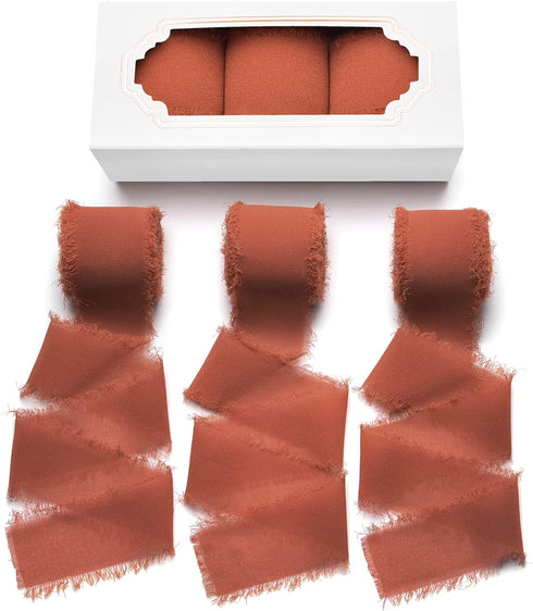 3 Rolls Terracotta Handmade Fringe Fabric Chiffon Silk Ribbon 1.5" x 7Yd Ribbons Set for Wedding Invitations, Bridal Bouquets, Gifts Wrapping, DIY...