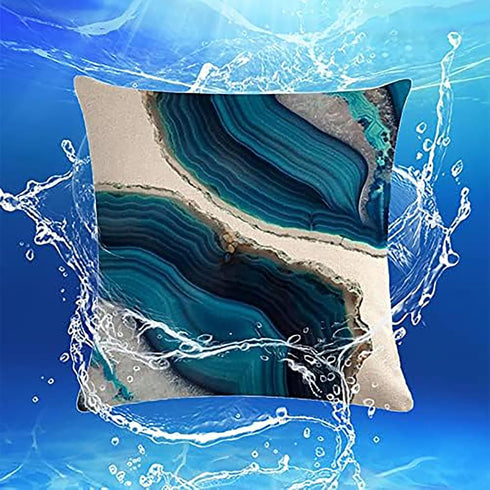 Waterproof Outdoor Pillow Covers 18 X 18 Inch Set of 4, Decorative Blue Grey Throw Pillow Cases, Water Resistant Marble Abstract Square Cushion Co...