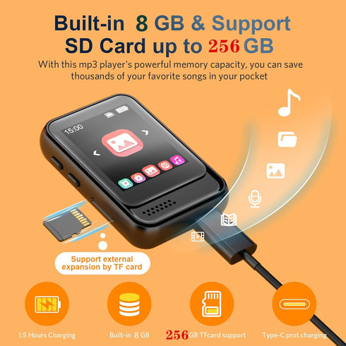 MP3 Player with Bluetooth,Portable Full Touchscreen Music Player with Speaker and Micro SD Card Slot,MP4 Player with FM Radio,Voice Recording,Earp...