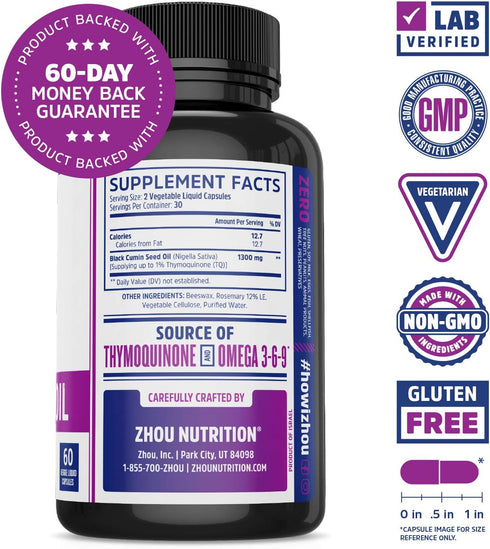 Zhou Nutrition Black Seed Oil Capsules, 100% Virgin, Cold Pressed Source of Omega 3 6 9, Super Antioxidant for Immune Support, Joints, Digestion, ...