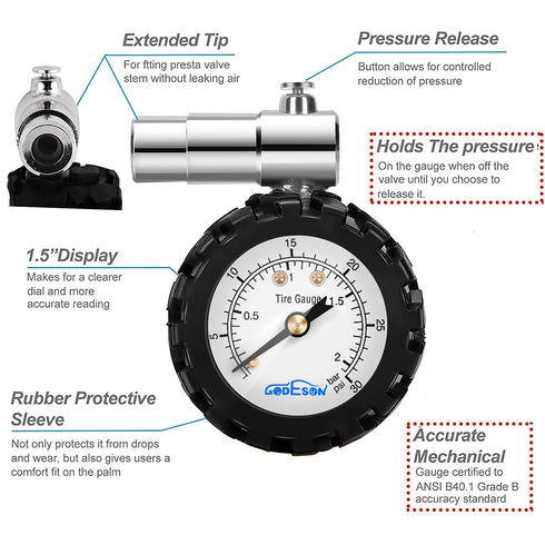 GODESON Presta Valve Gauge,Presta Valve Tire Pressure Gauge with Bicycle Air Pressure Relief Range to 0-30PSI /0-2BAR, Perfect for Mountain Bicycl...