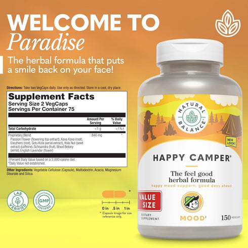 Natural Balance Happy Camper - Feel-Good Mood Support Supplement - Gotu Kola, Passion Flower, and Kava Kava Capsules - 60-Day Guarantee - 75 Servi...
