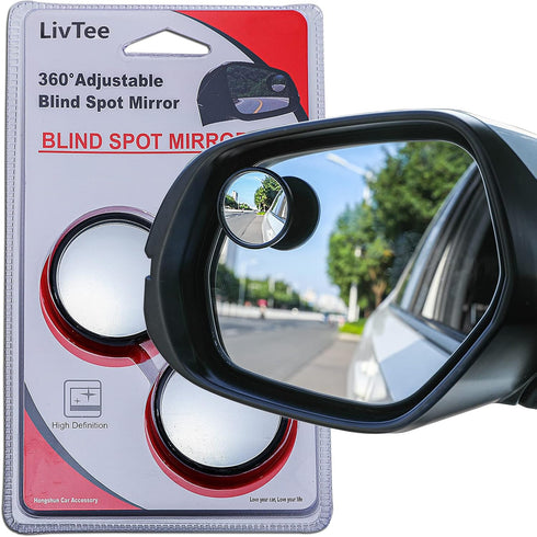 LivTee Black Framed Round Blind Spot Mirror, HD Glass and Wide Angle Rearview Mirror with Adjustable Stick for Universal Car (2 pcs)...