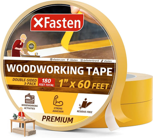 XFasten Double Sided Woodworking Tape 1-inch 180-Feet Total 3-Pack Double Stick Tape for Router Templates for Woodworking Tools; Wood Crafter Doub...