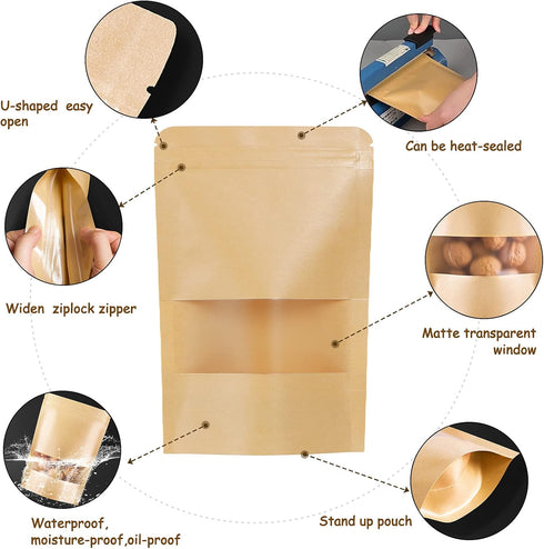 50pcs Kraft Bags with Window 4.7x7.8 Inches Brown Reusable Sealable Zip Lock Food Storage Stand up Paper Pouches for Home or Business...