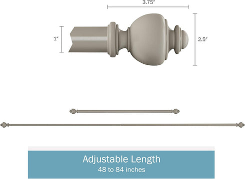 Bedford Home 1-Inch Curtain Rod- Decorative Modern Urn Finials & Hardware- For Home Decor in Bedroom, Living Room & Kitchen, 48-84-Inch (Gray)...