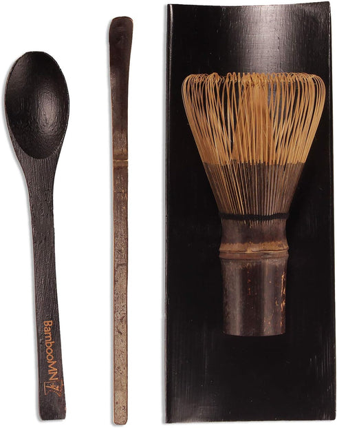 BambooMN Matcha Whisk Set - Black Chasen (Tea Whisk), Black Tray, Chashaku (Hooked Bamboo Scoop), Tea Spoon - 2 Sets...
