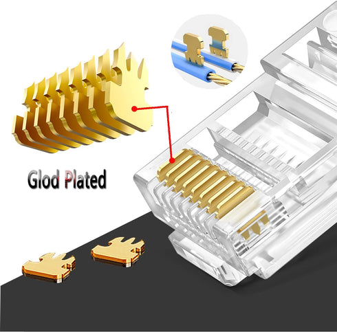 RJ45 Cat6 Cat5e Pass Through Connectors 100 Packs Gold Plated 3 Prong 8P8C Modular Ethernet UTP Network Cable Plug for Unshielded Twisted Pair Sol...
