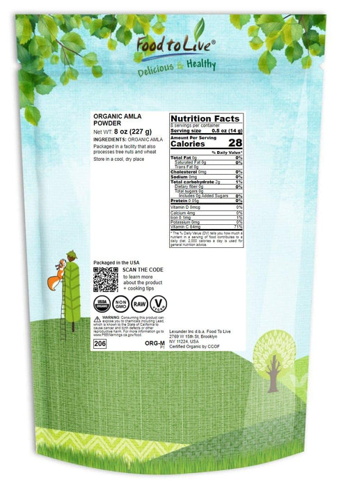 Food to Live Organic Amla Berry Powder (Amalaki), 8 Oz Non-GMO Indian Gooseberry, Raw, Pure, Finely Ground, Kosher, Vegan. Rich in Antioxidant, Vi...