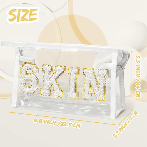 Preppy Patch SKIN Fall Bag Varsity Letter Cosmetic Toiletry Bag Aesthetic Waterproof Cosmetic Case Use Clutch Purse Clear PVC Multi-Function Zippe...