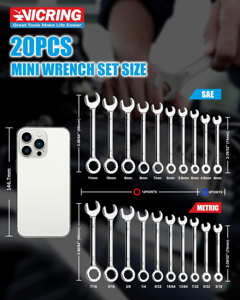Small Wrench Set 20 Pcs Mini Metric and SAE Ignition Wrench Set Combination Open and Box End Wrench Set with Storage Pouches and Key Chains...