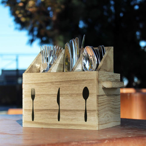 Ikee Design Wooden Flateware Utensil Caddy with Handles, Silverware Caddy, Fork and Spoon Holder ,Silverware Holder,Outdoor Utensil Holder, Silver...