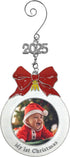 Baby's 1st Christmas Photo Ornament with a 2025 Charm - Shaped Like a Bulb with White Glitter and A Red Bow Design - Gift-Storage Bag Included - 3...