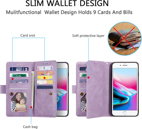UEEBAI Wallet Case for iPhone 6 Plus iPhone 6S Plus, Retro 9 Card Holder Slots Zipper Pocket Handbag Case PU Leather Magnetic Closure Kickstand Wr...