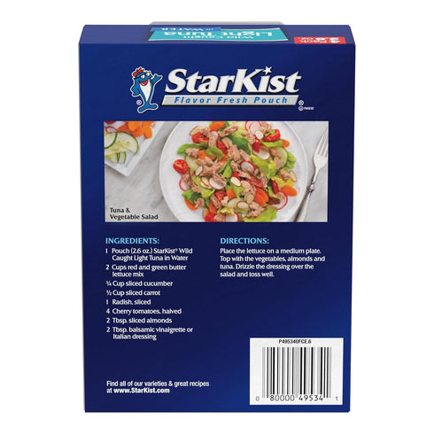 StarKist Chunk Light Tuna in Water, 2.6 oz Pouch (4 Pack) Ready to Eat Wild Caught Tuna, 17g Protein, 70 Calories Per Serving, Gluten Free, Soy Fr...