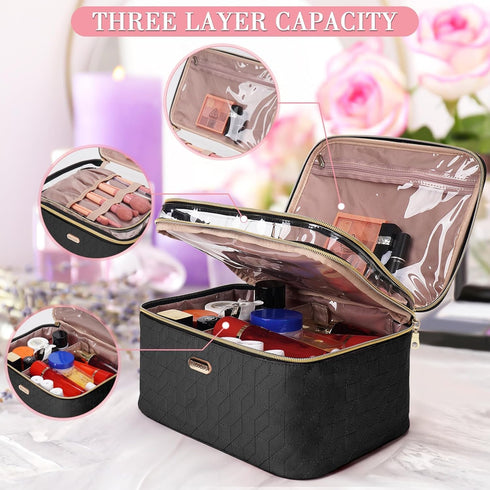 Large Travel Makeup Bag - Double-Layer Cosmetic Organizer for Brushes and Toiletry Essentials, Ideal for Women...