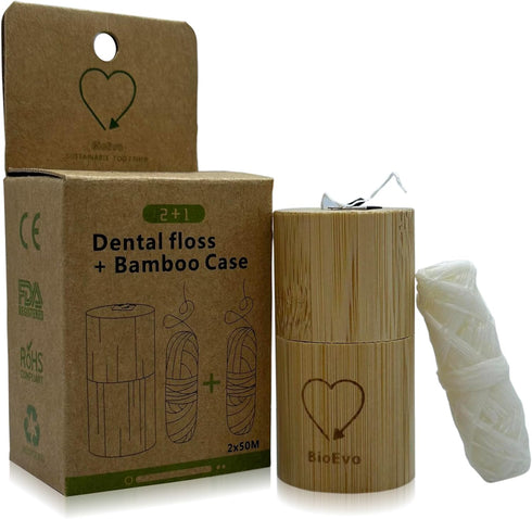 Eco-Friendly 2x55 Yrd Biodegradable Dental Floss with Refillable Bamboo Container | Corn Based Mint Floss | Sustainable | Compostable | Compact...