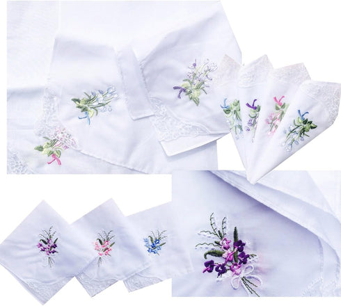 LACS Womens Embroidered Floral Cotton Lace Handkerchiefs White Hankies Pack...
