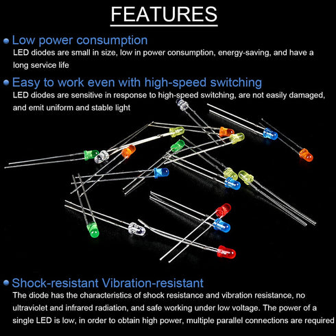 250PCS LED Diode 3mm LED Light Emitting Diode 2pin RoundIn-line LED Bead Assembly Mix Color (Red, Yellow, Blue, Green and White 5 Colors)...
