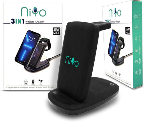 3-in-1 Wireless Charger Foldable - NiYo Universal Charging Station Compatible w/iPhone 14/13 Pro/13/12/11/Pro/SE/XS/XR/8, Apple Smartwatch & Airpo...