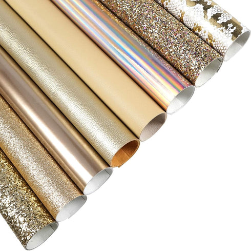 8 Pieces 8x12 Inch Faux Leather Sheets Light Gold Fine Chunky Glitter Patent Metallic Litchi Holographic Snake Texture Leather Fabric for Bows Ear...