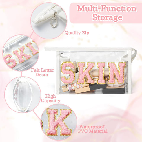 Preppy Patch SKIN Cosmetic Case Varsity Letter Toiletry Bag Summer Beach Pool Aesthetic Waterproof Clear PVC Multi-Function Zippered Pouch Women T...