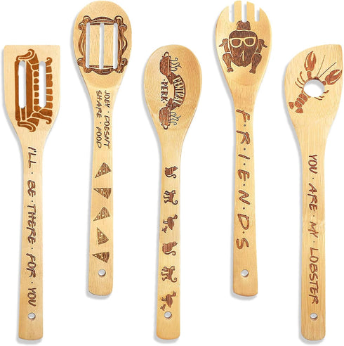 5Pcs Carved Bamboo Wood Cooking Spoons for Gift, Funny Burned Friends Wooden Spoons Spatula Cookware Set, Kitchen Utensils Decor Friends Merchandi...