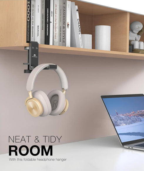 Foldable Headphone Stand Hanger Holder, Space-Saving Aluminum Soundbar Stand with Universal Fit for Gaming PC Accessories, Under Desk Clamp Hook M...