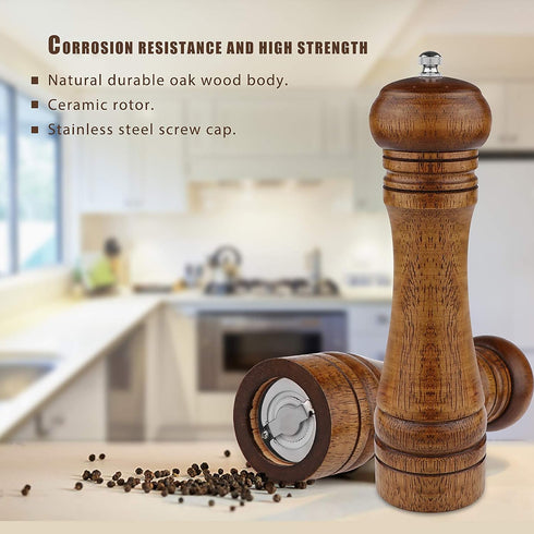 Pepper Grinder - 8 inch Pepper Mill Oak Wooden Pepper Mill Grinder Refillable Grinder Pepper with Ceramic Grinding Mechanism Adjustable Coarse to ...
