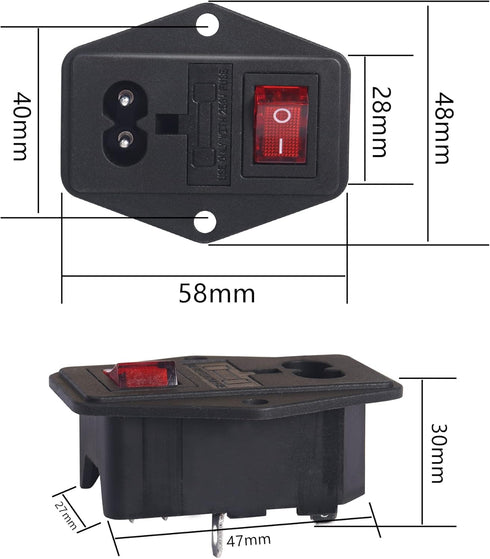 PNGKNYOCN 10A 250V Rocker Switch Power Socket Inlet Module Plug 10A Fuse with Indicator Light 2 Pin IEC320 C8 for Household Appliances or DIY Devi...
