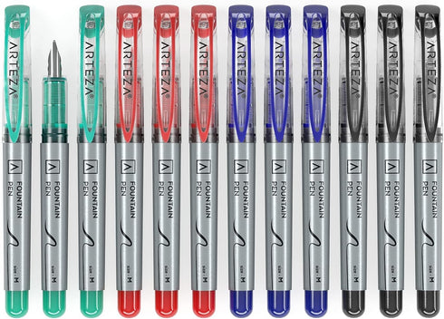 ARTEZA Disposable Fountain Pen Set of 12, 4 Basic Colors - Quick-Drying Ink for Smooth Writing, Calligraphy, Journaling, Sketching, and Doodling...