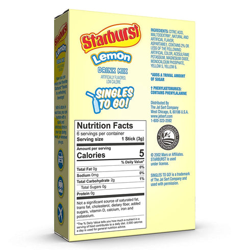 Starburst Singles To Go Zero Sugar Drink Mix, Lemon, 0.60 Ounce (Pack of 6)...
