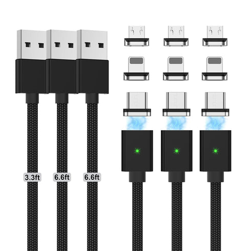 Magnetic Charging Cable 3A Fast Charging(3 Pack,3.3/6.6/6.6ft) 3 in 1 Magnetic Phone Charger with LED Light, Nylon Braided, for Lightning/USB-C/Mi...