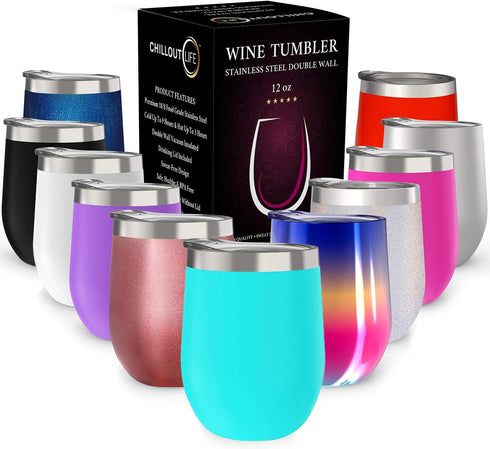 CHILLOUT LIFE 12 oz Stainless Steel Tumbler with Lid & Gift Box - Wine Tumbler Double Wall Vacuum Insulated Travel Tumbler Cup for Coffee, Wine, C...