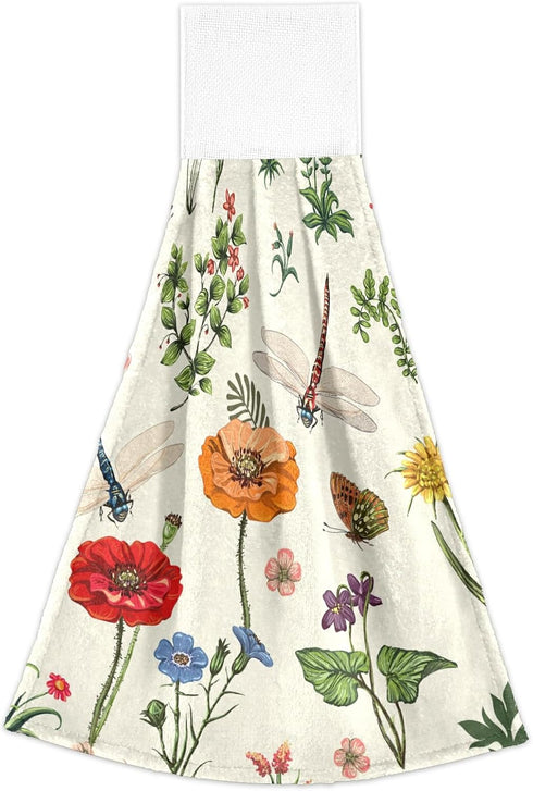 Super Absorbent Spring Hanging Kitchen Towel with Loop 2 Set, Wild Flowers Dragonfly Hand Towels, Fall Tie Towel for Bathroom, Soft Coral Velvet D...