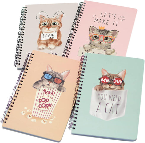 Yansanido Spiral Notebook, 4 Pcs A5 Thick Cat Design Hardcover 8mm Ruled 4 Color 80 Sheets -160 Pages Journals for Study and Notes (Cat)...