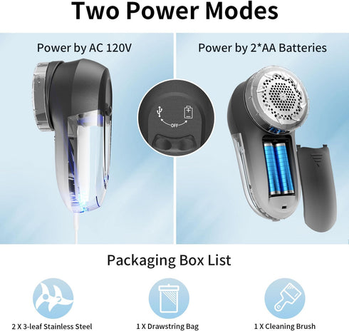Fabric Shaver & Lint Remover, Electric Fuzz Remover, AC Adapter or Battery Operated Sweater Shaver, 3 Shave Heights - Removes Clothes Fuzz, Lint B...