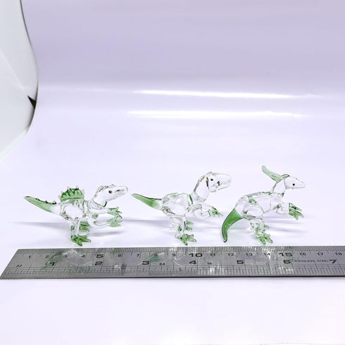 Set 3 Dinosaurs Miniature Figurines Hand Blown Color Glass Art Animals Collectible Gift Home Decor, Clear Green...