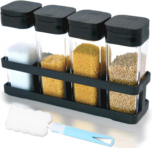 Spice Shakers with Rack,4 Set Small Spice Containers with Adjustable Pour Dual Holes,Sliding Open Organizer Containers with Cotton Brush,Clear Spi...