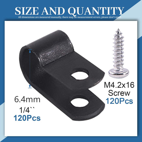 Glarks 120Pcs 1/4 Inch Black Nylon Screw Mounting R-Type Cable Clip Wire Clamp with 120Pcs Screws for Wire, Cable, Conduit and Cable Conduit Kit (...