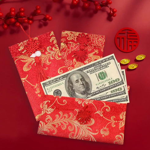 4 Pieces Silk Red Envelope Chinese Red Pocket Lucky Money Hong Bao Card Envelope for Spring Festival Wedding New Year Birthday, 4 Styles with Chin...