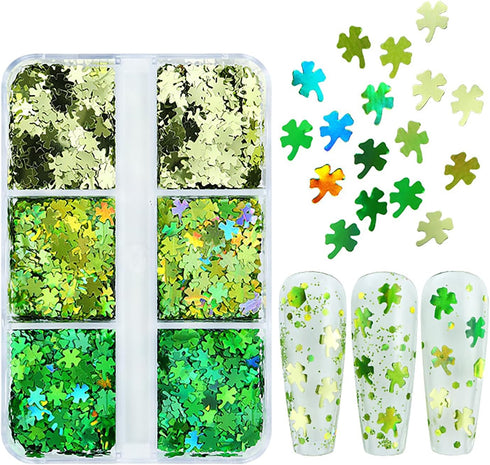 12 Grids St. Patrick’s Day Nail Glitters Sequins, Green Clover Nail Art Confetti 3D Holographic Shiny Nail Flakes Acrylic Irish Nail Art Supplies ...